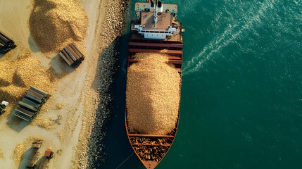 An aerial view of a cargo ship loaded with stacked wood for biomass, docked near a shoreline, indicating industrial activity and transportation of raw materials.