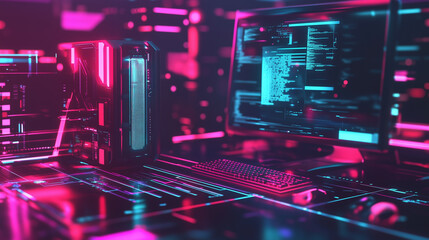Computer in neon light background