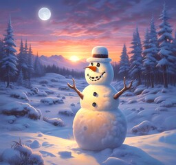 Obraz premium Illustration of winter landscape with funny snowoman.