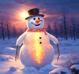 Fototapeta premium Illustration of winter landscape with funny snowoman.