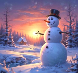 Fototapeta premium Illustration of winter landscape with funny snowoman.