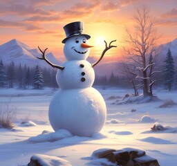 Obraz premium Illustration of winter landscape with funny snowoman.