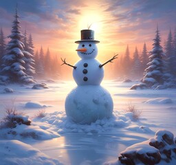 Fototapeta premium Illustration of winter landscape with funny snowoman.