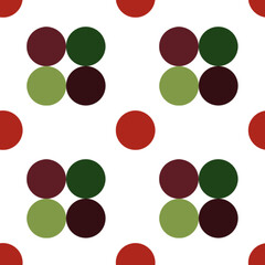Seamless festive background featuring polka dots in classic Christmas colors on a white backdrop. Ideal for holiday designs, gift wrapping, and seasonal decor.