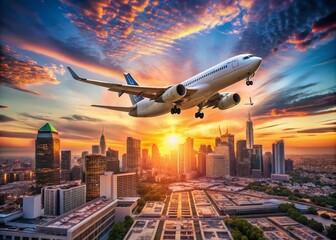 Captivating Dollar Plane Flying Over the Skyline, Showcasing Wealth and Luxury in the Sky with a Beautiful Sunset, Perfectly Balanced Composition Using the Rule of Thirds