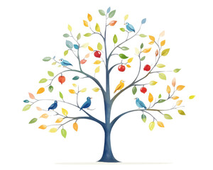 Obraz premium Colorful abstract tree with various leaves and fruits on a white background.
