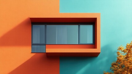 A vibrant building facade featuring a geometric window, split between orange and teal colors, with a hint of nature below.