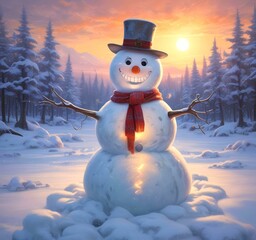 Fototapeta premium Illustration of winter landscape with funny snowoman.