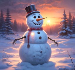 Obraz premium Illustration of winter landscape with funny snowoman.