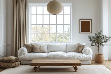 A modern living room photo of a combination of japandi interiors and Scandinavian interiors with white sofas and wood tables. Generative AI
