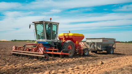 Fototapeta premium A tractor is currently plowing a large field, with a trailer connected to it