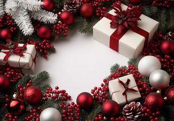 A white box with a red bow sits in the middle of a Christmas wreath