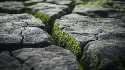 Close-up of Cracked Earth with Green Moss Growing in Cracks