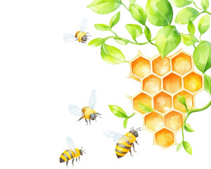 Bees flying around a honeycomb with green leaves against a white isolated background.