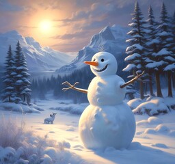 Obraz premium Illustration of winter landscape with funny snowoman.