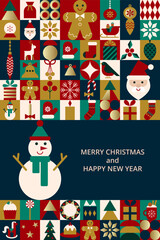 Snowman on blue backdrop. Christmas card with text. Trendy template with geometric objects. Icons with festive food, gifts, snowflakes, toys, socks, Santa. For poster, flyer, cover