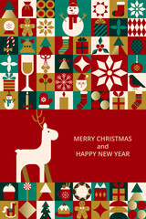 Bright greeting card for Merry Christmas and Happy New Year. Trendy design with simple geometric shapes. Icons with snowman, cookie, gifts, candles. Layout for poster, banner, cover