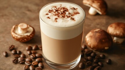 Mushroom latte in a glass cup with coffee beans