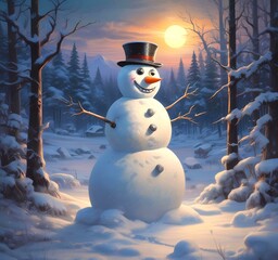 Obraz premium Illustration of winter landscape with funny snowoman.