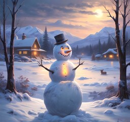 Obraz premium Illustration of winter landscape with funny snowoman.