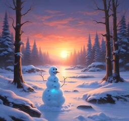 Fototapeta premium Illustration of winter landscape with funny snowoman.