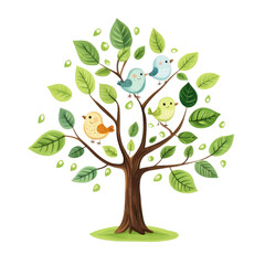 Obraz premium An illustrated tree with colorful birds perched among green leaves.