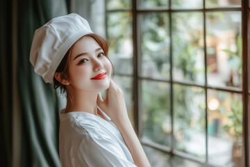 Portrait of a nurse in uniform, smiling confidently, with copy space. Soft light.