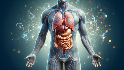 An artistic cutaway view of the human abdomen, illustrating the placement of the liver, kidneys, and intestines with an emphasis on realistic textures for medical studies.