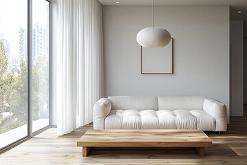 A modern living room photo of a white-finished interior with a Scandinavian interior and a japandi interior combination with a sofa and table. Generative AI
