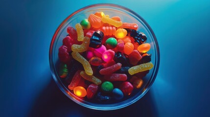 Colorful Assortment of Jelly Candies in a Bowl on a Vibrant Background Ideal for Sweet Treats and Dessert Themes