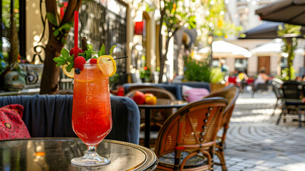 A cold lemonade of fresh tropical fruits. Red cocktail on table in street cafe.