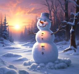 Obraz premium Illustration of winter landscape with funny snowoman.