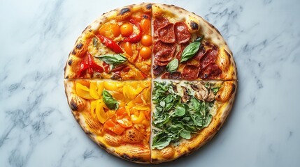 Quartered pizza featuring different toppings in each section arranged on light marble countertop with herbs