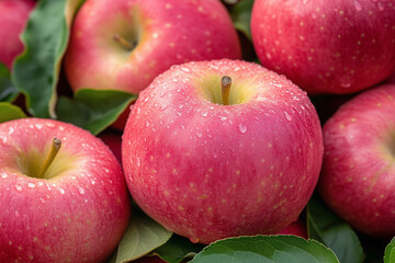 A captivating close-up photograph of a perfectly ripe red-pink apple, meticulously captured with exceptional detail. The apple's surface glistens with water droplets, creating an enticing and dynamic
