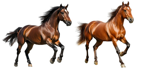 Obraz premium Pair of Galloping Chestnut Horses with Shiny Coats in Dynamic Motion, cutout, isolated on white background