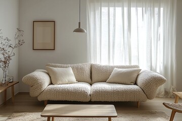 A living room photo of a japandi interior with a boucle sofa and a Scandinavian interior combination. Generative AI
