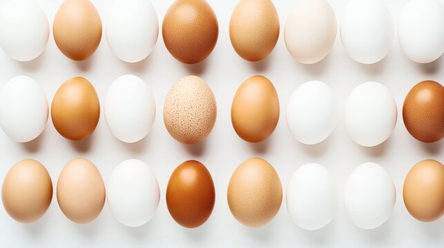 Pattern of assorted white and brown eggs with varied speckled textures arranged neatly on a white background