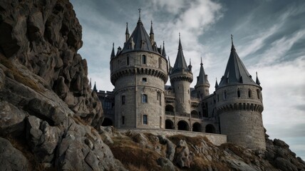 Obraz premium Majestic stone castle perched atop a rocky cliff, dramatic sky.