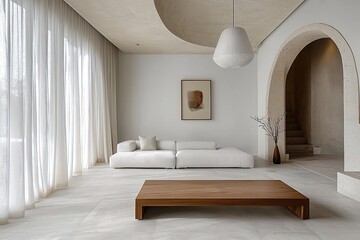 Obraz premium Photograph of a combination of Scandinavian interiors and japandi interiors in a modern living room with white finishes and white sofas and tables visible. Generative AI 