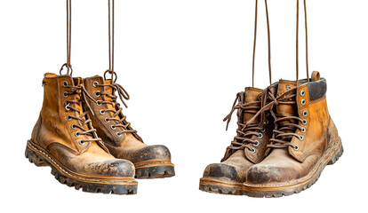 Pair of Worn Leather Work Boots with Laces Hanging for Rugged Style, cutout, isolated on white background