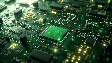 Green Circuit Board Shows Central Processing Unit