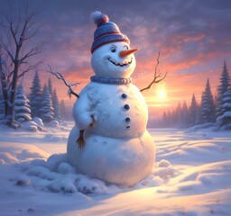 Obraz premium Illustration of winter landscape with funny snowoman.