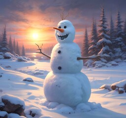 Fototapeta premium Illustration of winter landscape with funny snowoman.