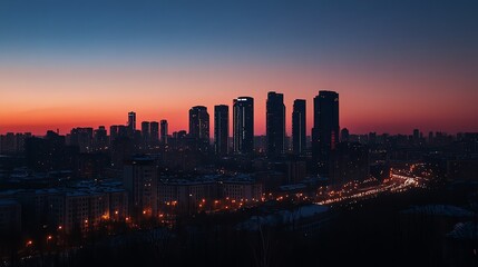 Fototapeta premium A cityscape with a hazy sky at sunset.