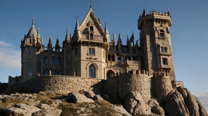 Majestic stone castle perched atop a rocky hill, bathed in sunlight against a clear blue sky.