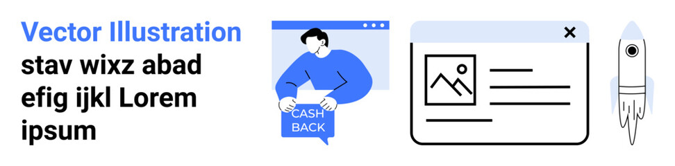 Man holding cashback sign, image uploading in a browser window, rocket symbol. Ideal for e-commerce, promotions, finance, tech startups, blog posts, digital marketing, business presentations. Landing