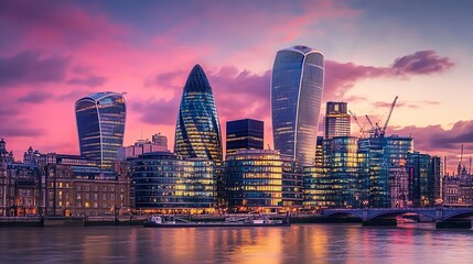 Fototapeta premium The London skyline at dusk with beautiful pink and purple clouds.