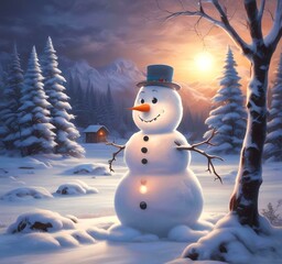 Fototapeta premium Illustration of winter landscape with funny snowoman.