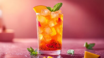 Mango and passion fruit iced tea with mint