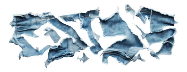 Torn pieces of blue denim fabric with frayed edges.